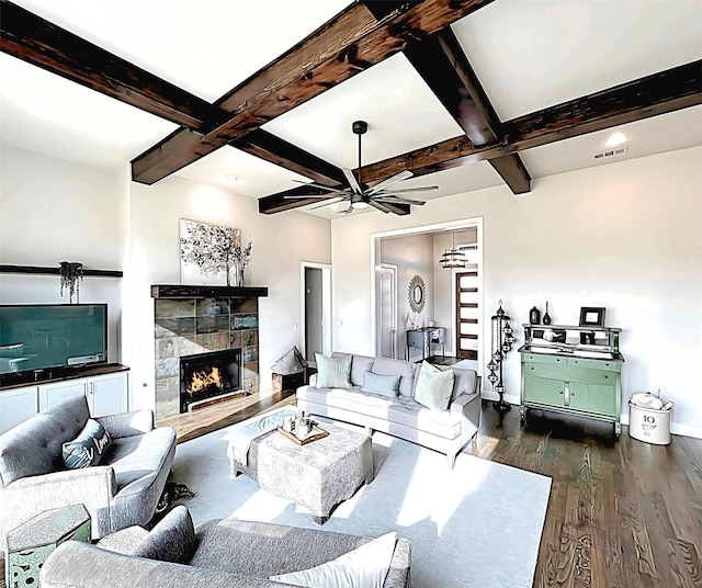1000 Sutherland Cres, Northlake, TX 76247 - living area with coffered ceiling, beam ceiling, wood finished floors, ceiling fan, and a fireplace