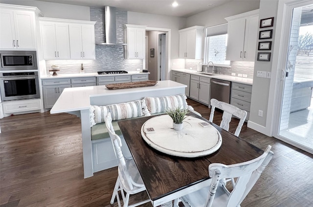1000 Sutherland Cres, Northlake, TX 76247 - kitchen with stainless steel appliances, wall chimney range hood, a sink, tasteful backsplash, and light countertops