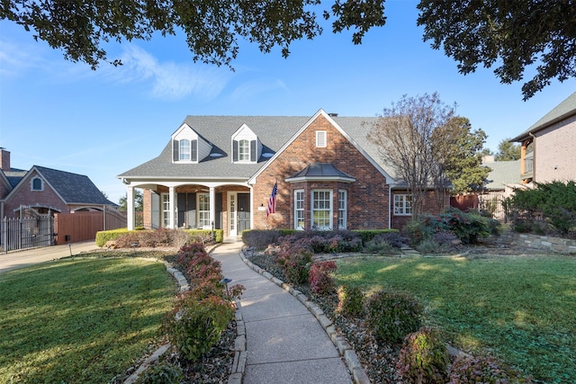 view of front of house with brick siding, roof with shingles, covered porch, a front yard, and fence