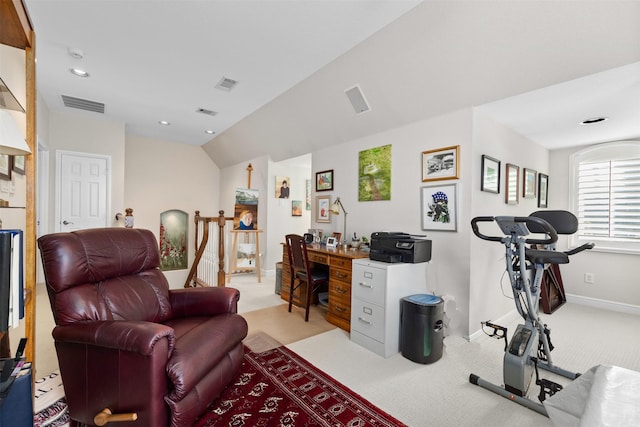 home office with recessed lighting, baseboards, visible vents, and light colored carpet