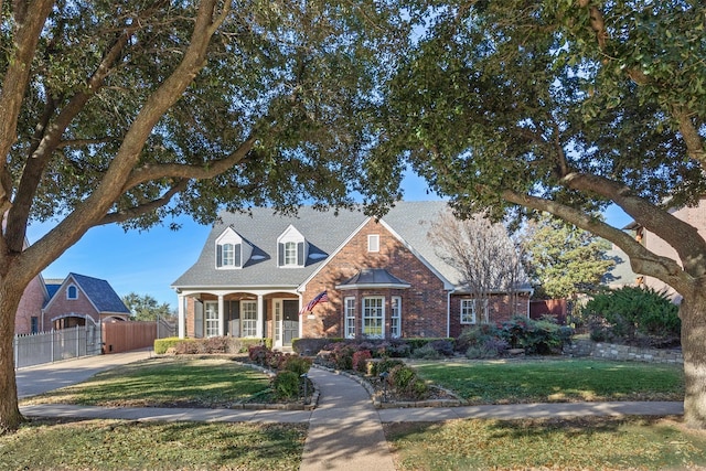 view of front of house with a front lawn, fence, and brick siding