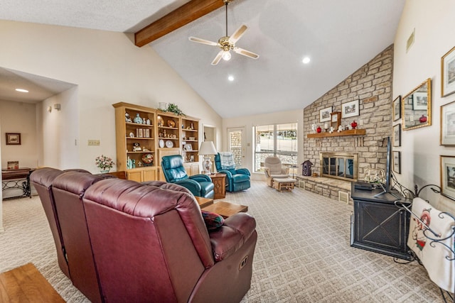 4227 Mojave Dr, Granbury, TX 76049 - living area featuring light colored carpet, high vaulted ceiling, beamed ceiling, a ceiling fan, and a large fireplace
