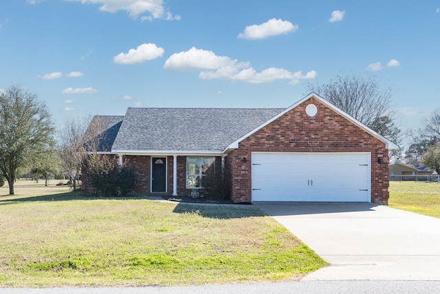 single story home with a front yard, brick siding, driveway, and roof with shingles