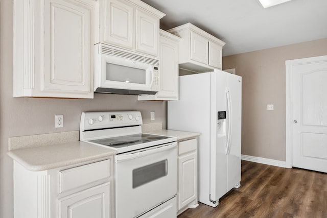 kitchen featuring white appliances, dark wood-style flooring, white cabinetry, baseboards, and light countertops