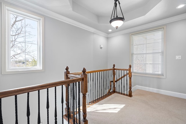 corridor featuring carpet, a tray ceiling, plenty of natural light, and an upstairs landing