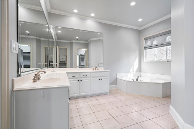 full bathroom with crown molding, double vanity, a sink, and tile patterned floors