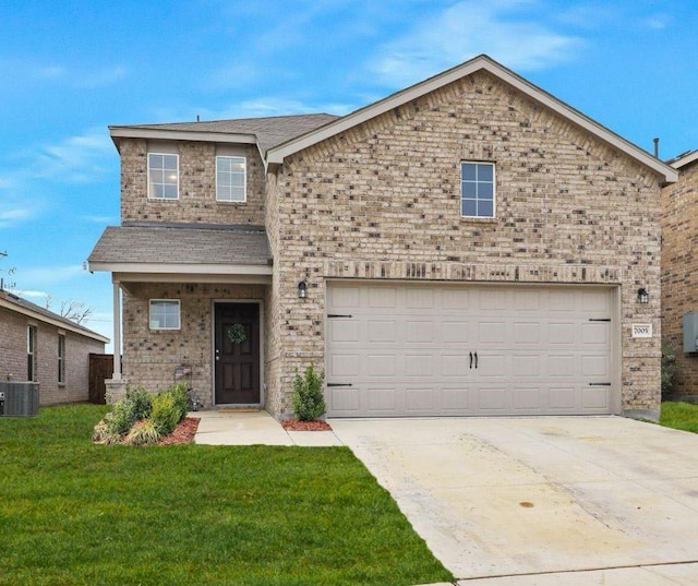 view of front of house featuring driveway, cooling unit, an attached garage, a front yard, and brick siding