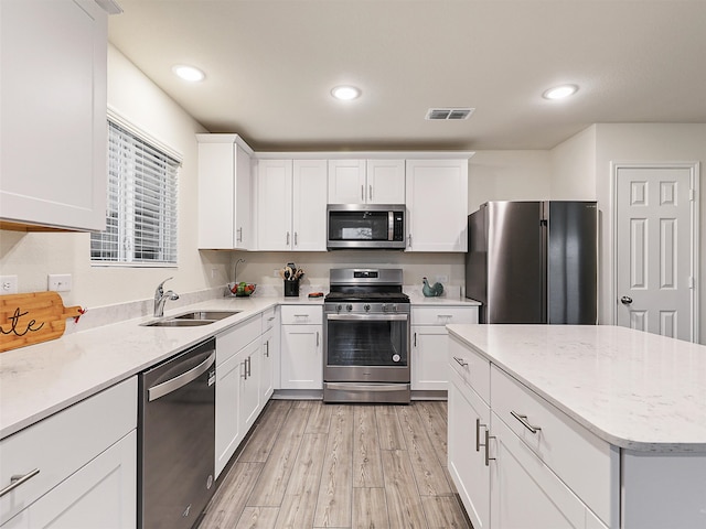 kitchen featuring light wood-type flooring, visible vents, a sink, stainless steel appliances, and white cabinets