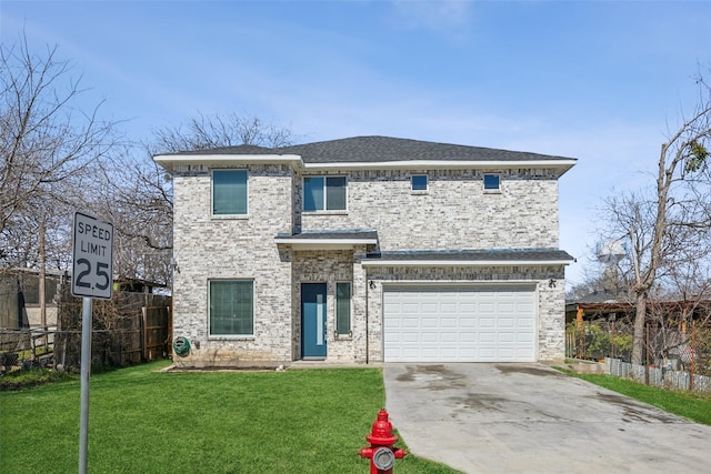 view of front facade featuring an attached garage, brick siding, fence, driveway, and a front lawn