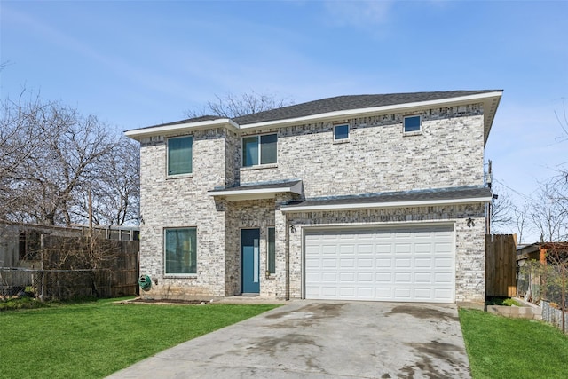 view of front of property with concrete driveway, an attached garage, fence, a front lawn, and brick siding