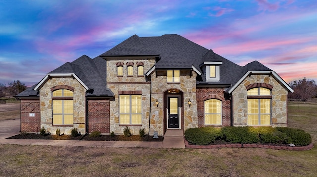 french country home featuring stone siding, a shingled roof, and brick siding