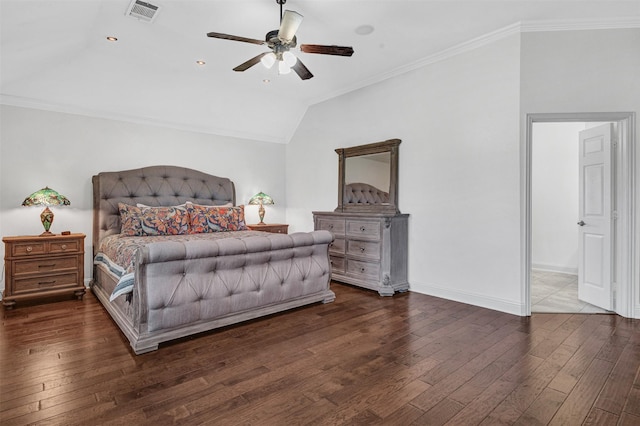 bedroom with ornamental molding, visible vents, baseboards, and hardwood / wood-style flooring