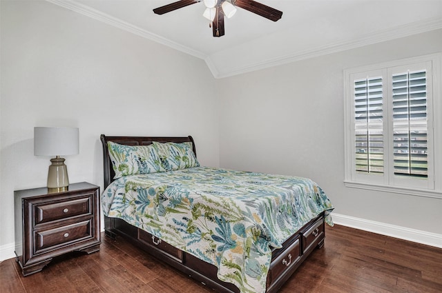 bedroom featuring dark wood-type flooring, ornamental molding, and baseboards