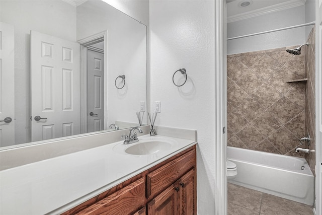 bathroom with crown molding, vanity, toilet, and tile patterned floors