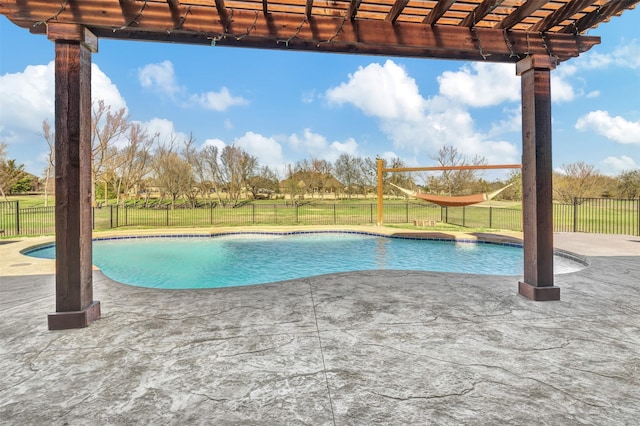 view of swimming pool with a fenced in pool, a fenced backyard, a yard, and a patio