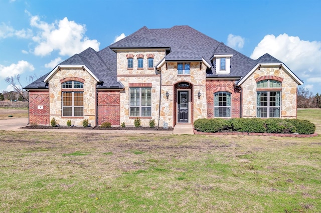 french country home with a front yard, stone siding, roof with shingles, and brick siding