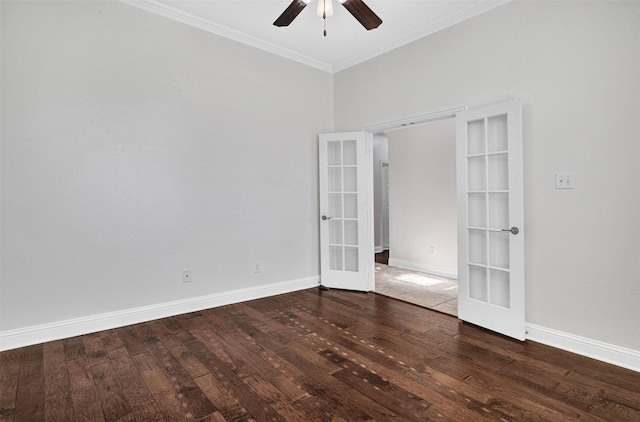 unfurnished room featuring baseboards, a ceiling fan, ornamental molding, hardwood / wood-style floors, and french doors