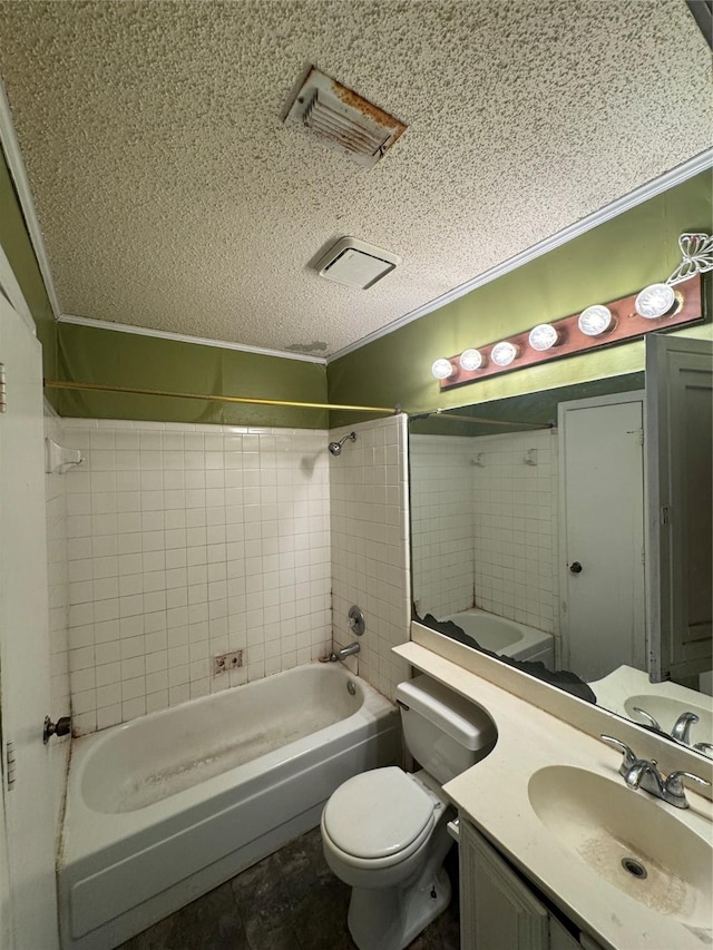 full bathroom featuring a textured ceiling, shower / tub combination, toilet, vanity, and ornamental molding