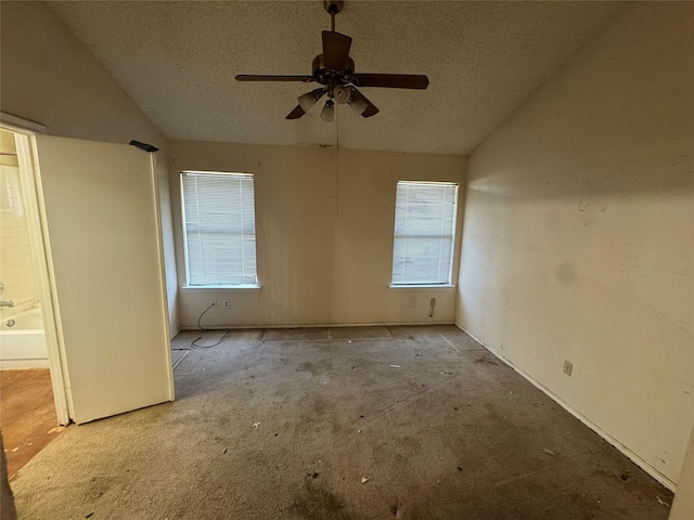 empty room featuring a healthy amount of sunlight, vaulted ceiling, and a textured ceiling