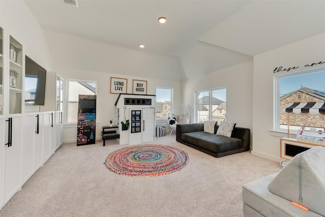 living area featuring carpet, lofted ceiling, baseboards, and recessed lighting