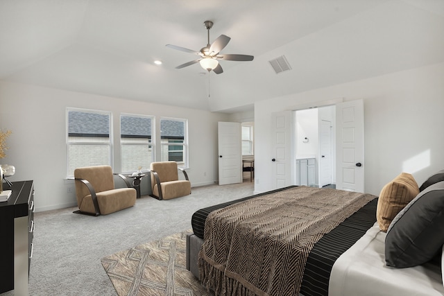 bedroom with light carpet, baseboards, visible vents, ceiling fan, and vaulted ceiling