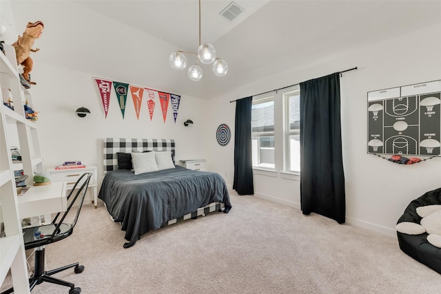 carpeted bedroom featuring baseboards, visible vents, and vaulted ceiling