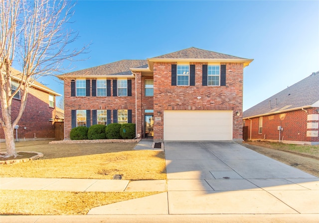 view of front facade featuring a garage, concrete driveway, brick siding, and a front lawn