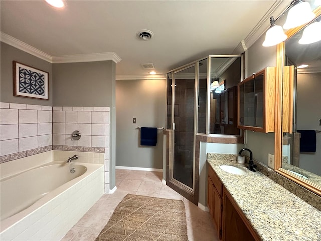 full bathroom with ornamental molding, a stall shower, visible vents, and a garden tub