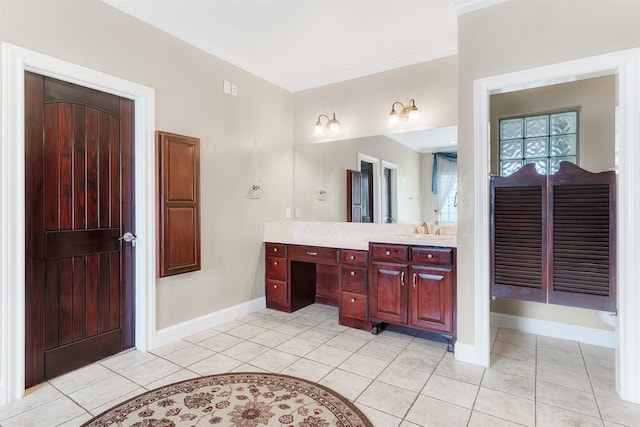 full bath with tile patterned flooring, ornamental molding, baseboards, and vanity