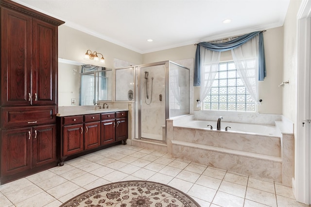 full bath with a bath, a stall shower, crown molding, and vanity