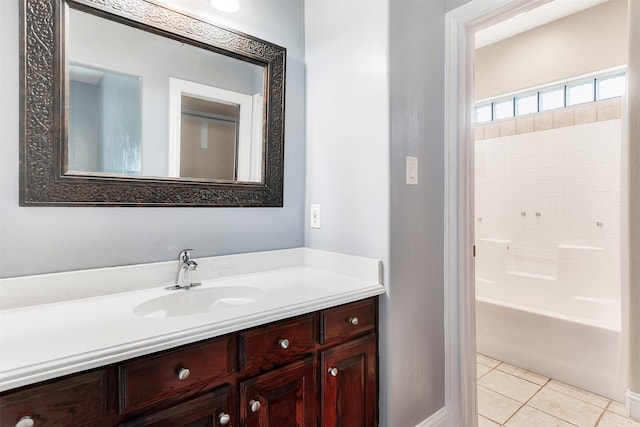 bathroom featuring tile patterned flooring, washtub / shower combination, and vanity