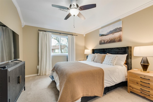 bedroom with light carpet, visible vents, baseboards, a ceiling fan, and ornamental molding