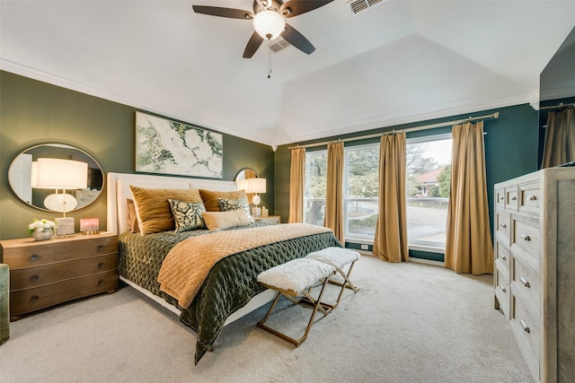 bedroom with lofted ceiling, access to outside, crown molding, and light colored carpet