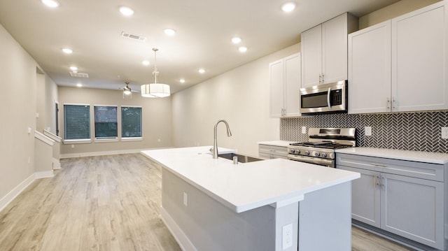 kitchen featuring stainless steel appliances, visible vents, backsplash, a sink, and an island with sink