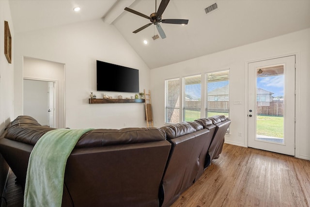 2301 Camryn Ln, Mabank, TX 75147 - living room featuring beam ceiling, wood finished floors, a ceiling fan, high vaulted ceiling, and recessed lighting