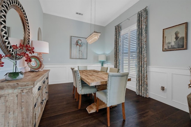 dining space featuring visible vents, a wainscoted wall, and dark wood-style flooring