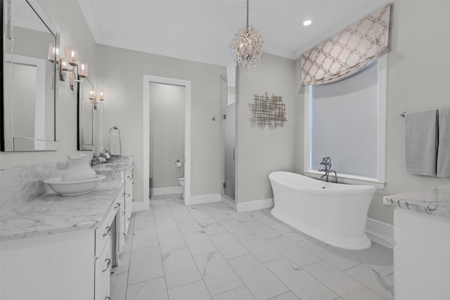 full bathroom with a shower stall, baseboards, toilet, marble finish floor, and vanity