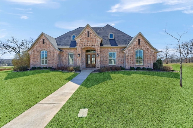 view of front of home with a front yard, brick siding, and a shingled roof