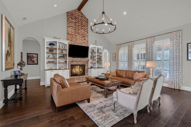 living room with arched walkways, high vaulted ceiling, dark wood finished floors, and a fireplace