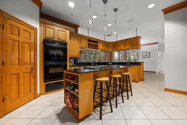 kitchen featuring dobule oven black, light tile patterned floors, a kitchen island, open shelves, and a warming drawer