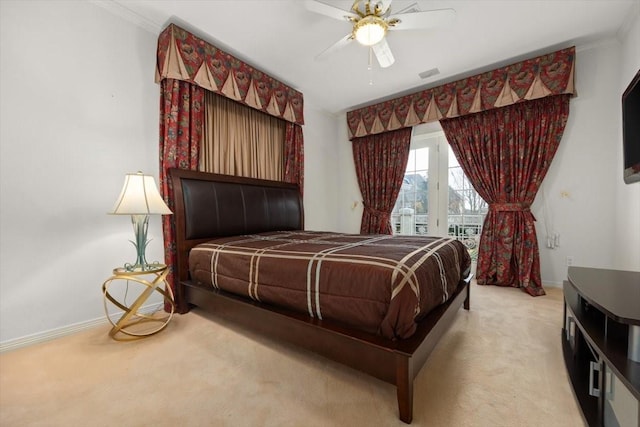 bedroom featuring carpet floors, access to outside, visible vents, and baseboards