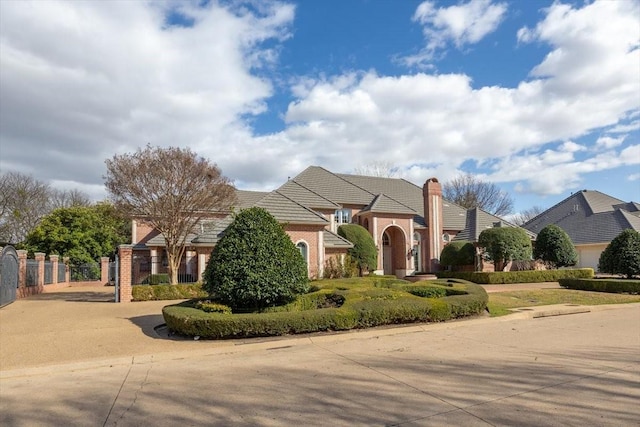 view of front of house featuring a tile roof, a chimney, a gate, fence, and driveway