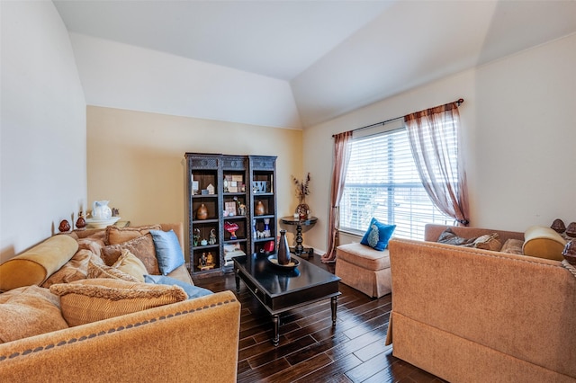 living room with dark wood-style flooring and vaulted ceiling