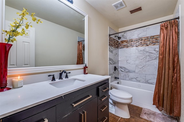 bathroom with toilet, shower / bath combo, vanity, and visible vents