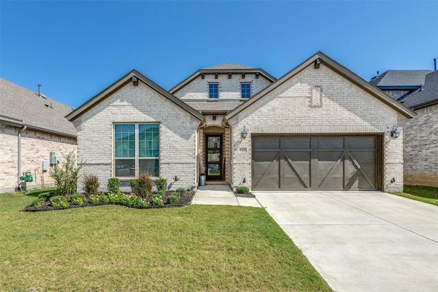 french country home featuring an attached garage, a shingled roof, concrete driveway, a front lawn, and brick siding