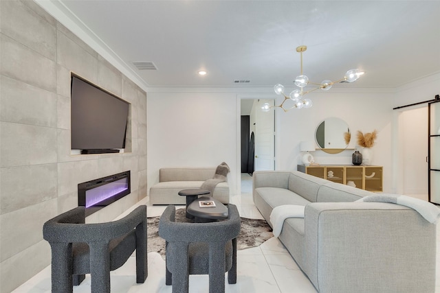 living room featuring a barn door, visible vents, ornamental molding, marble finish floor, and tile walls