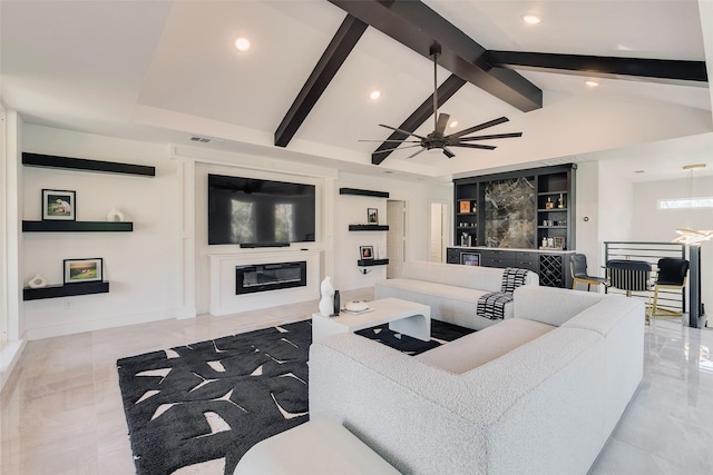 living area featuring vaulted ceiling with beams, recessed lighting, ceiling fan, and a glass covered fireplace