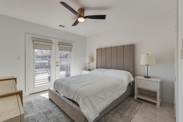 bedroom with a ceiling fan, access to outside, french doors, and visible vents