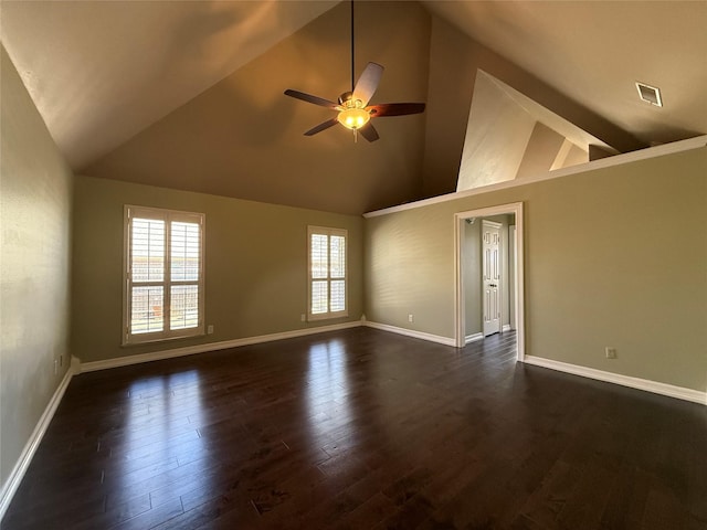 unfurnished room with high vaulted ceiling, dark wood-type flooring, a ceiling fan, visible vents, and baseboards