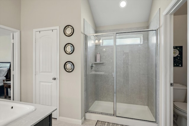 full bath with toilet, a shower stall, baseboards, and tile patterned flooring